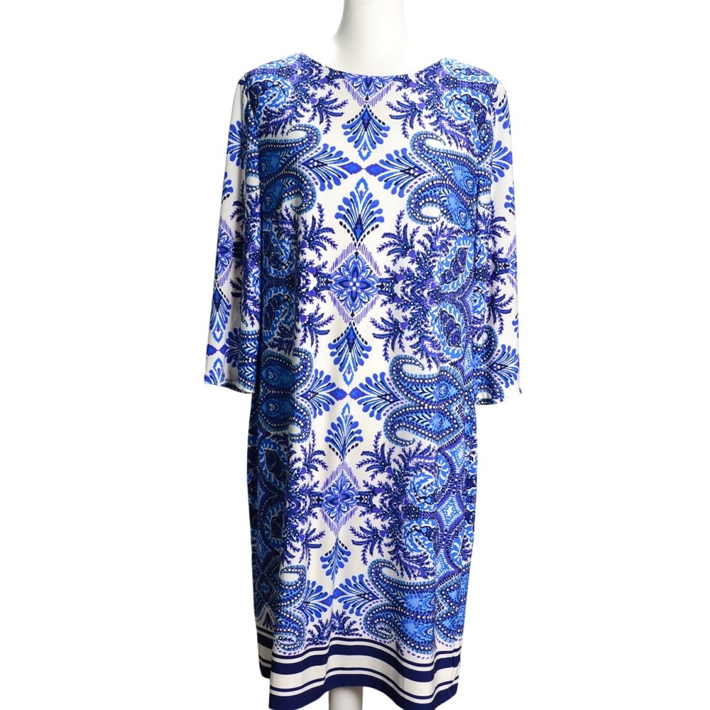 Chico's Shift Dress Womens 2 Blue White Paisley 3/4 Sleeve Knee Length Medallion